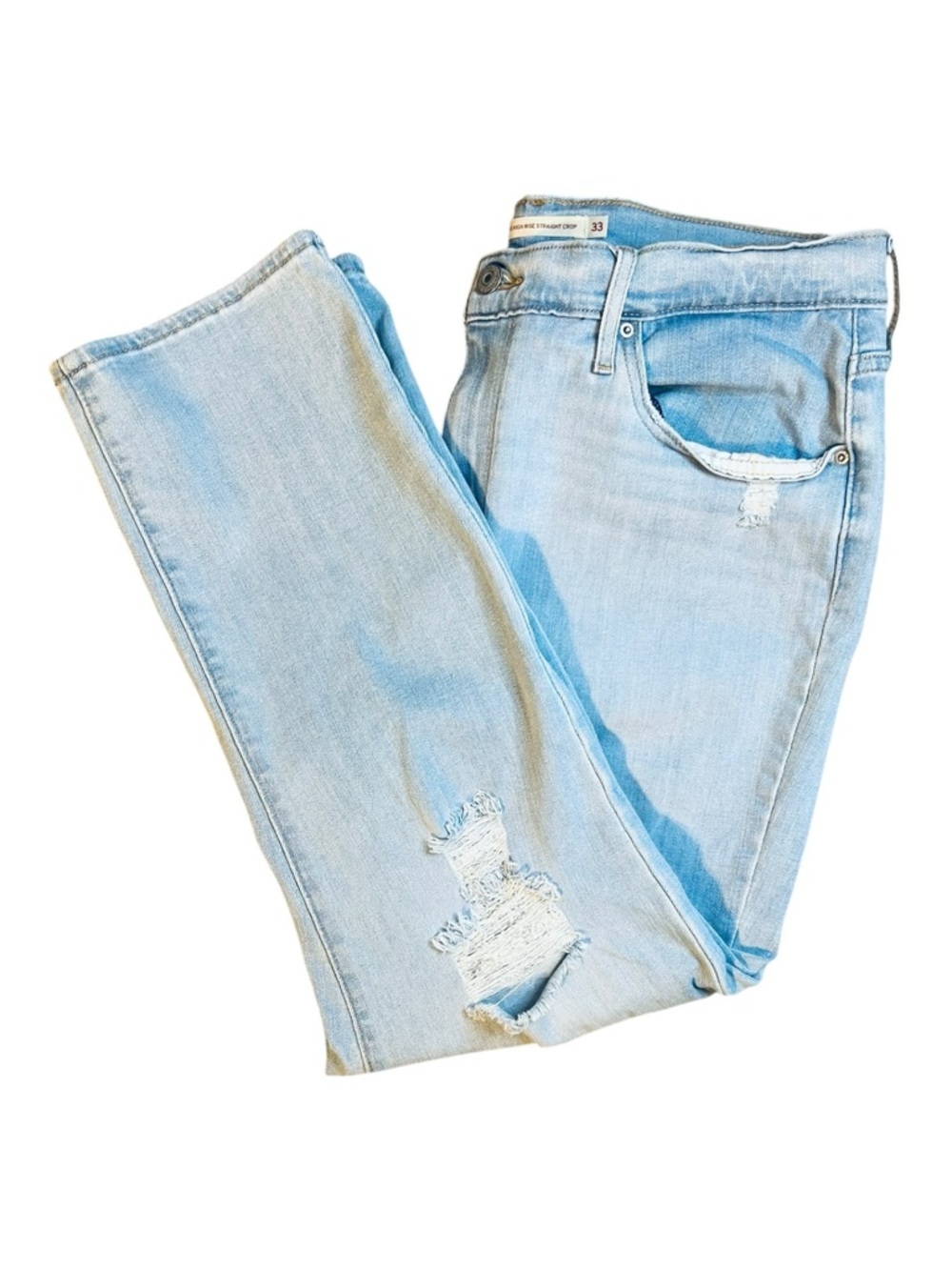 Levi’s 724 High Rise Straight Crop Jeans Distressed Light Wash – Size 33